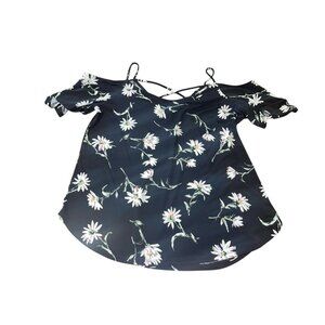 Kaileigh Women's Size Medium Black Floral Cold Shoulder Blouse Criss Cross Back